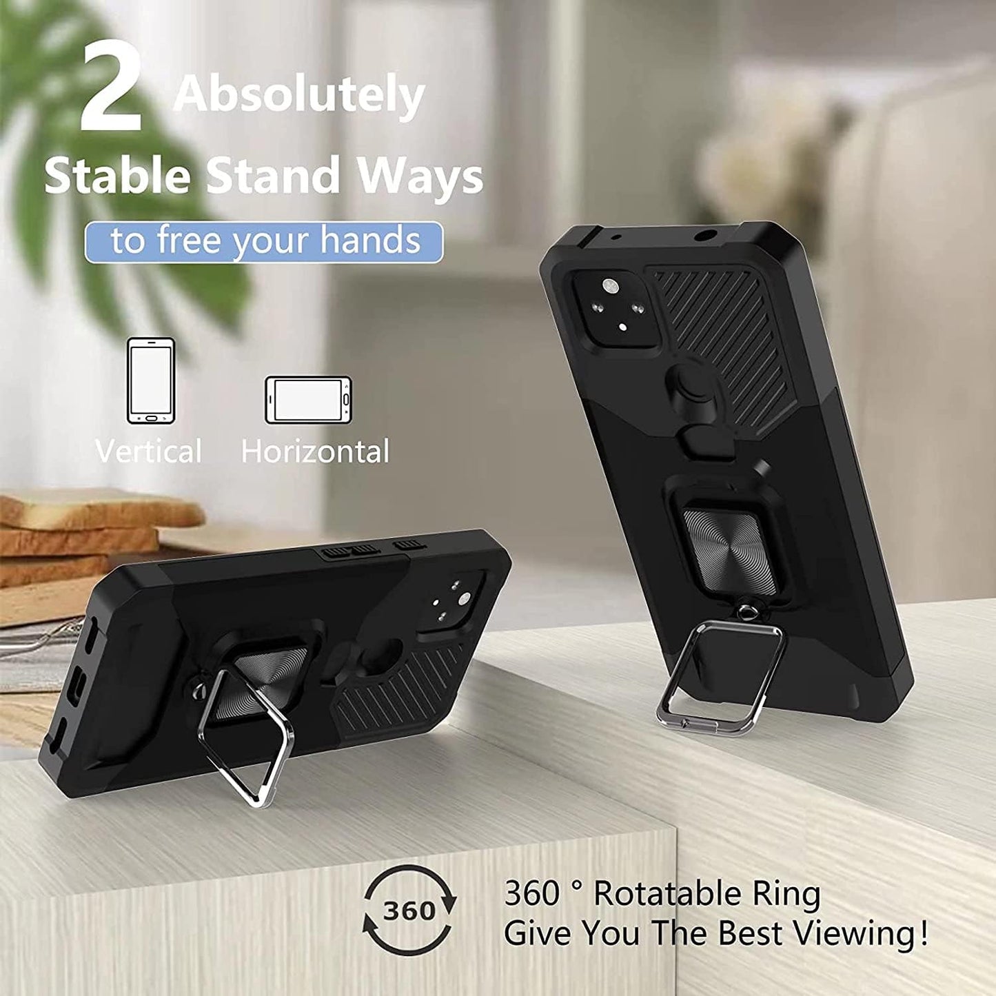 For Google Pixel 5A 5G Case with 2 Pack Tempered Glass Screen Protector, Dual Layer Protective Case with Ring Kickstand & Card Holder Slot Heavy Duty Defender Armor Back Cover - Black