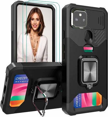 For Google Pixel 5A 5G Case with 2 Pack Tempered Glass Screen Protector, Dual Layer Protective Case with Ring Kickstand & Card Holder Slot Heavy Duty Defender Armor Back Cover - Black