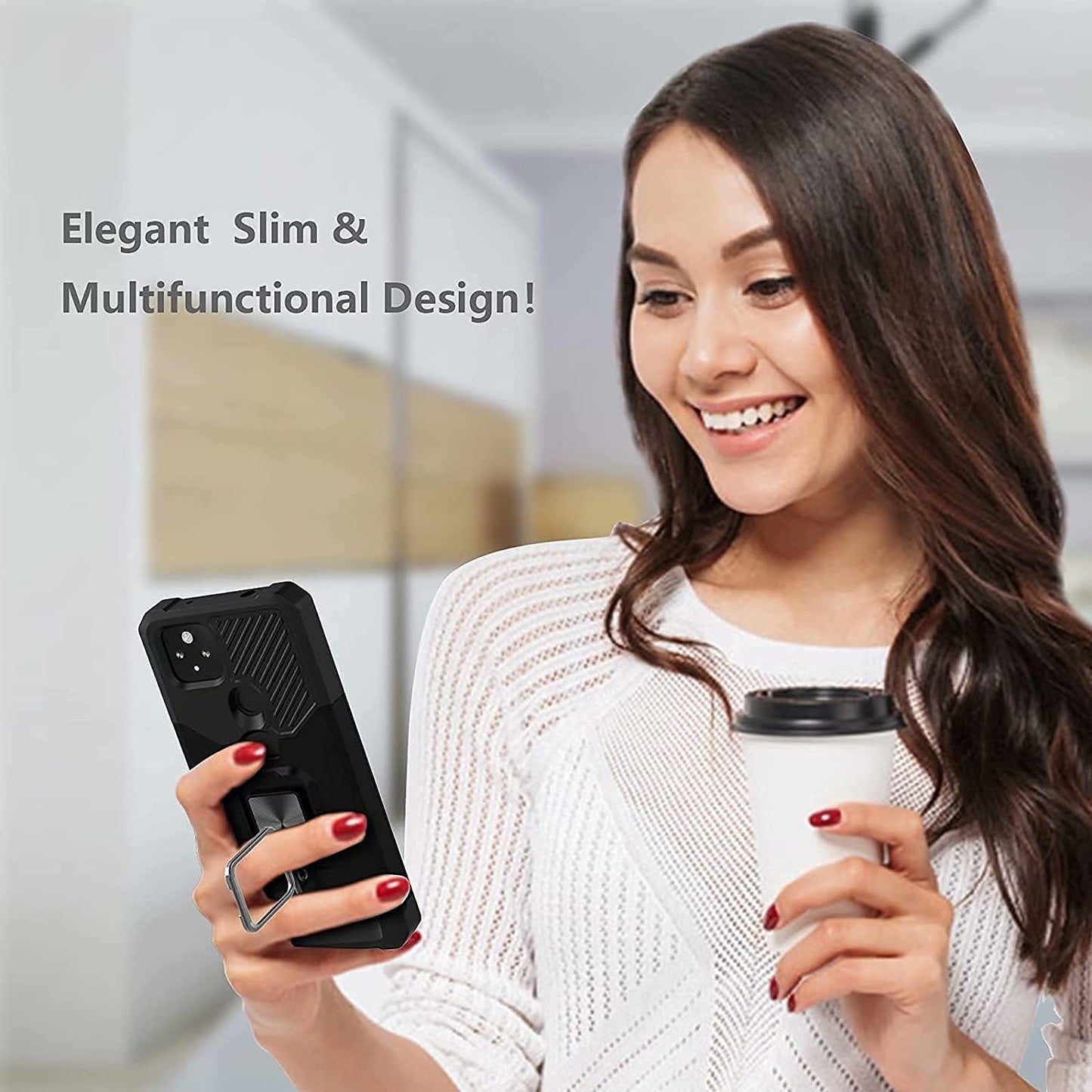 For Google Pixel 5A 5G Case with 2 Pack Tempered Glass Screen Protector, Dual Layer Protective Case with Ring Kickstand & Card Holder Slot Heavy Duty Defender Armor Back Cover - Black