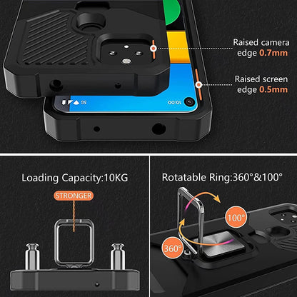 For Google Pixel 5A 5G Case with 2 Pack Tempered Glass Screen Protector, Dual Layer Protective Case with Ring Kickstand & Card Holder Slot Heavy Duty Defender Armor Back Cover - Black