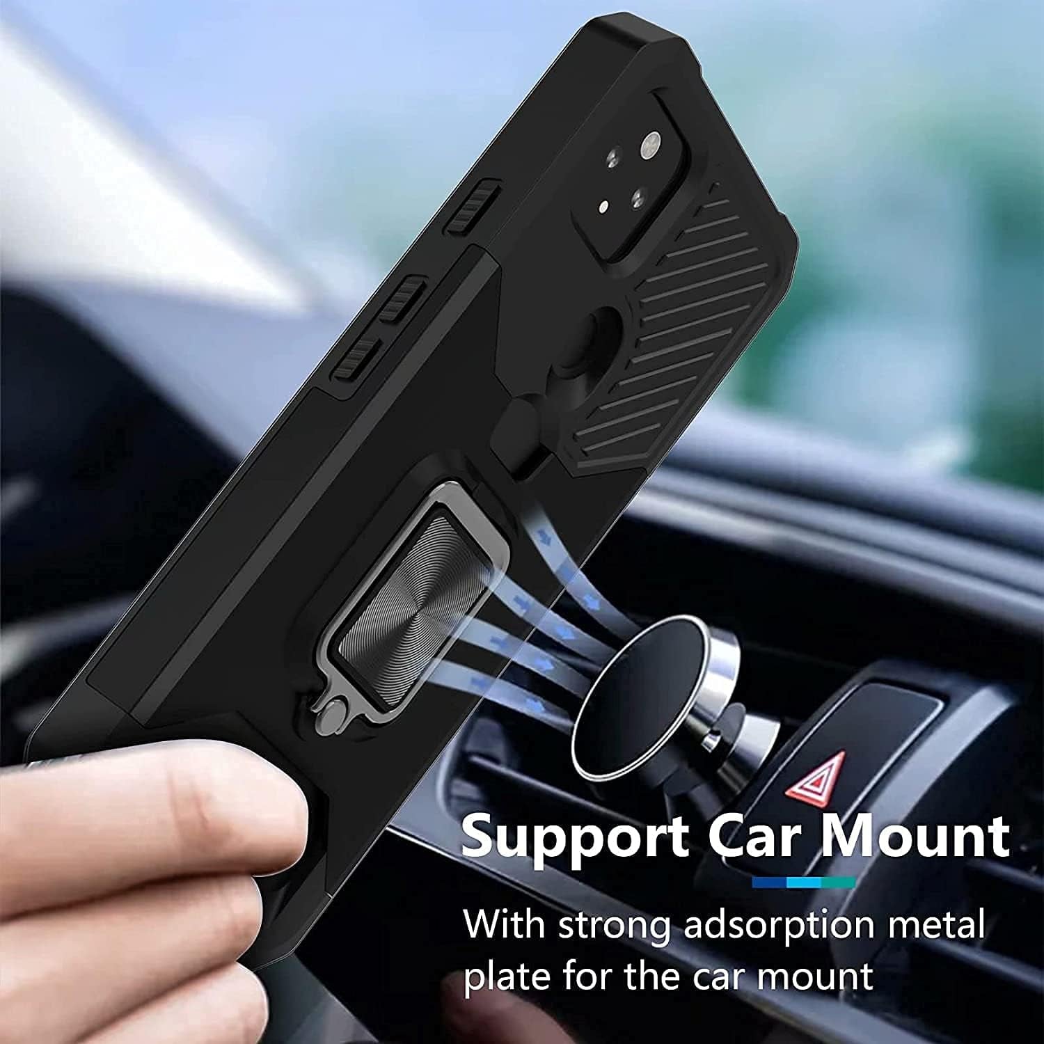 For Google Pixel 5A 5G Case with 2 Pack Tempered Glass Screen Protector, Dual Layer Protective Case with Ring Kickstand & Card Holder Slot Heavy Duty Defender Armor Back Cover - Black