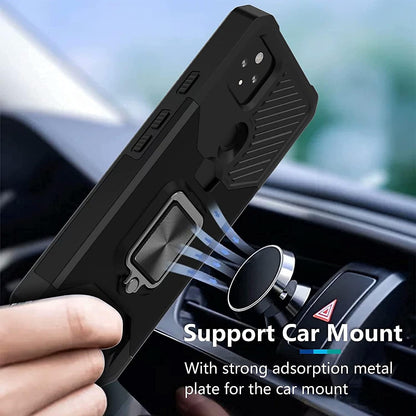 For Google Pixel 5A 5G Case with 2 Pack Tempered Glass Screen Protector, Dual Layer Protective Case with Ring Kickstand & Card Holder Slot Heavy Duty Defender Armor Back Cover - Black