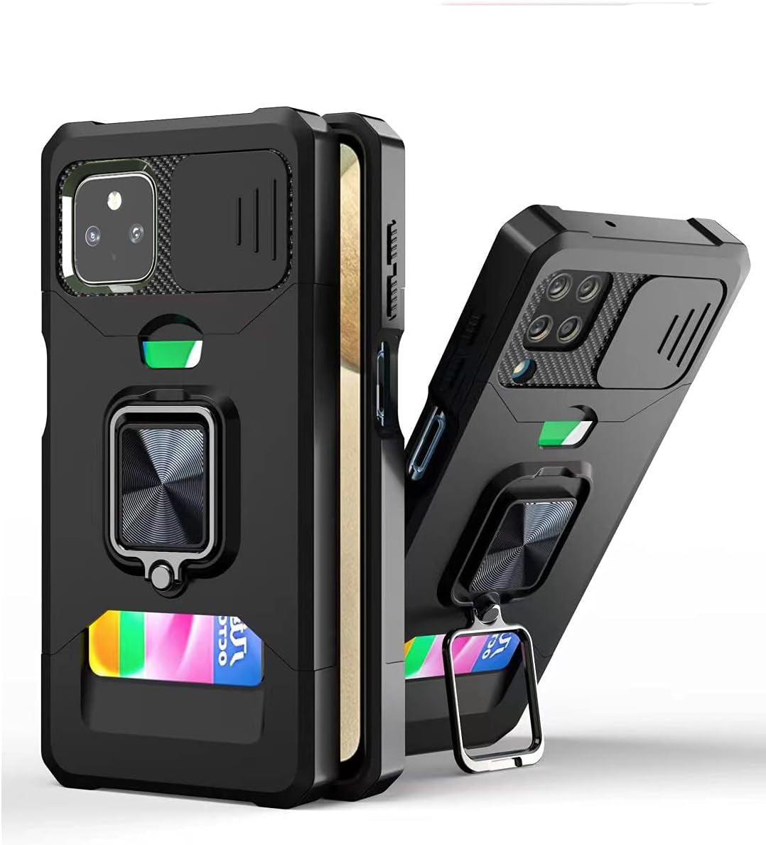 For Google Pixel 5A 5G Case with 2 Pack Tempered Glass Screen Protector, Dual Layer Protective Case with Ring Kickstand & Card Holder Slot Heavy Duty Defender Armor Back Cover - Black